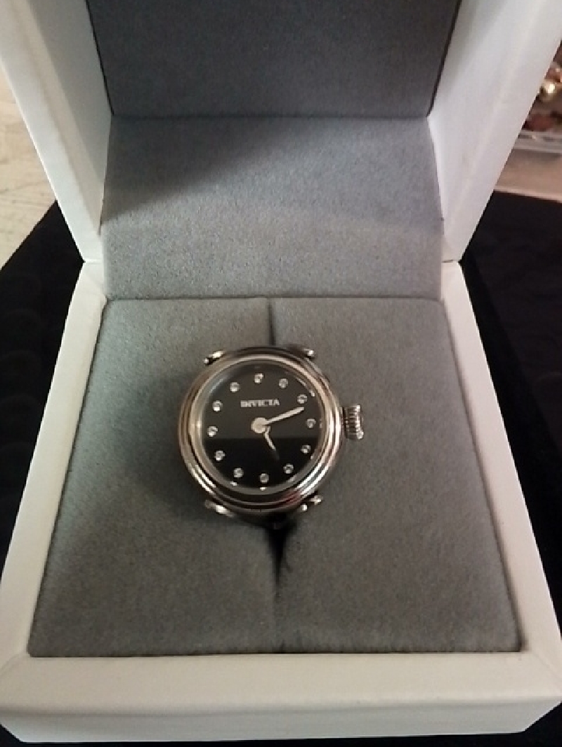 Invicta SilverTone Watch Ring With Black Dial And Crystal Accents